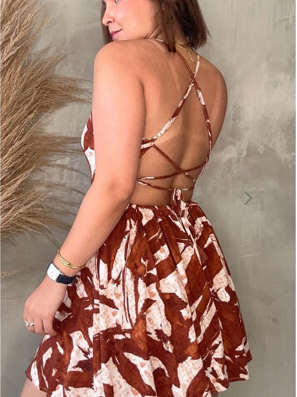 Abstract Rust Print Crisscross Back Midi Dress